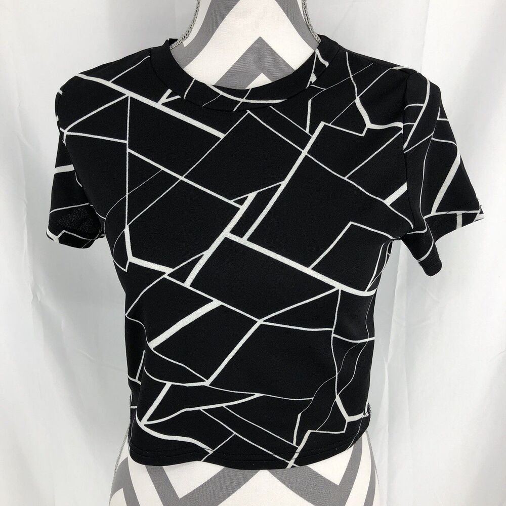 Zaful Black White Broken Glass Pattern Short Sleeve Crop Top 8